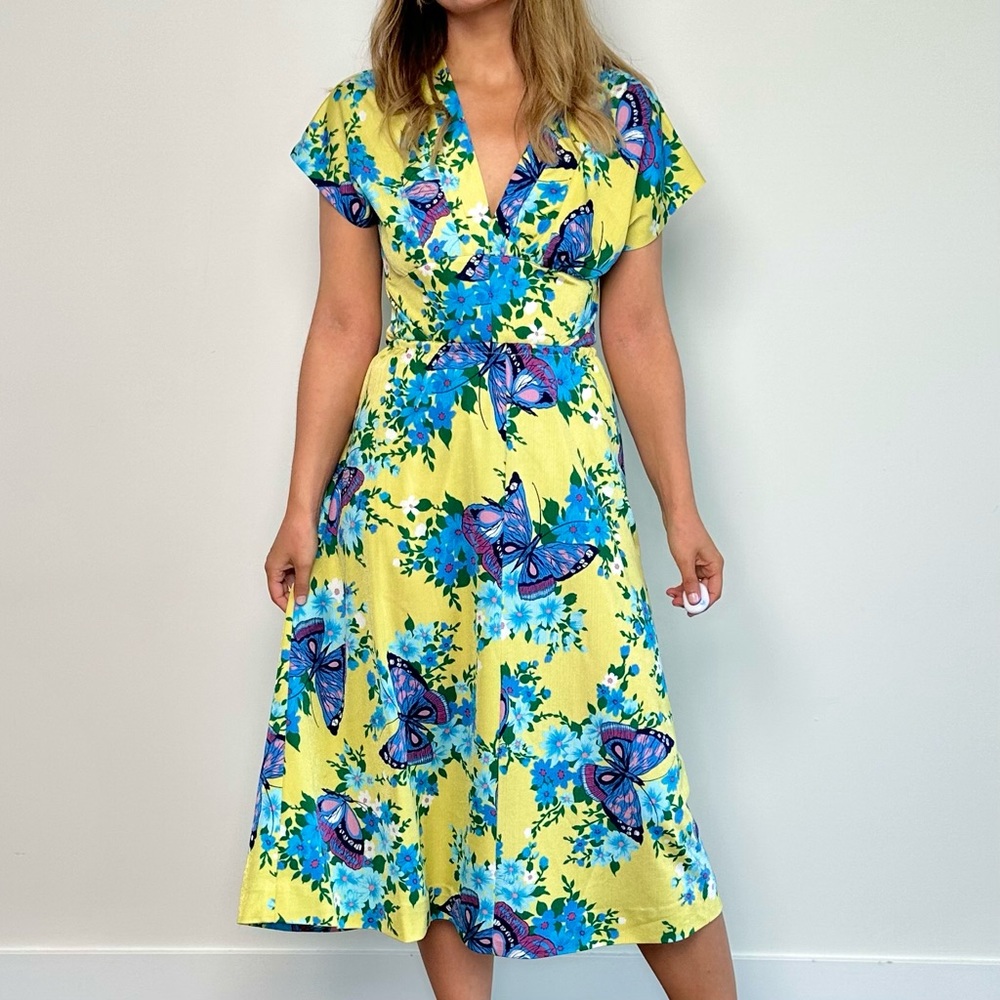 Vintage Chartreuse & Blue Butterfly 2 Piece Dress Set (S)